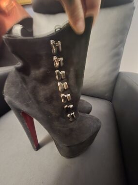 Women's Black Suede Platform Ankle Boots with Red Heel